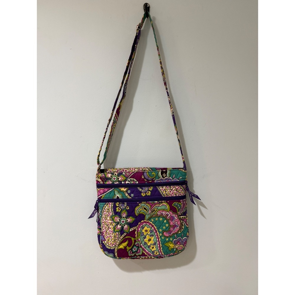 Vera Bradley Triple Zip Hipster Crossbody Bag Purple Paisley Floral Quilted